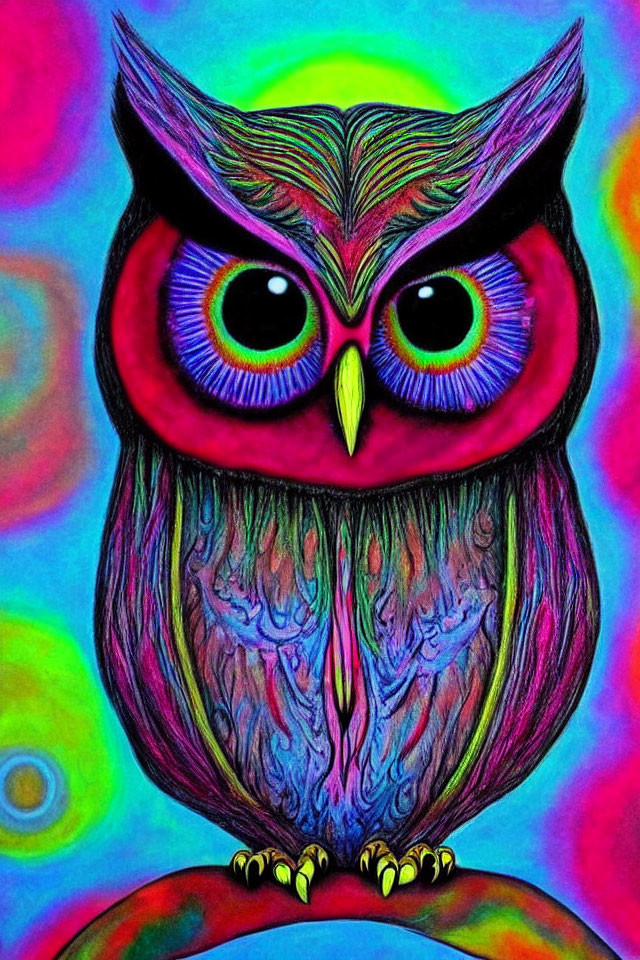 Colorful Owl Illustration with Purple Hue and Psychedelic Background