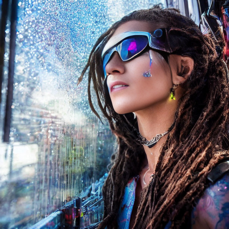 Woman with dreadlocks in reflective sunglasses looking out raindrop-speckled window