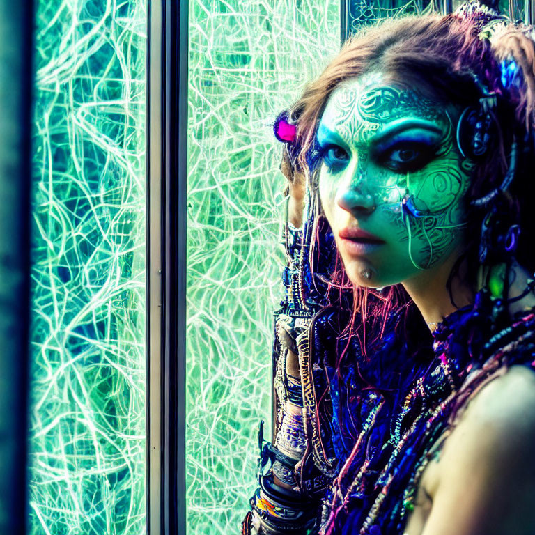 Elaborate blue and green face paint person gazes out window with vibrant geometric pattern