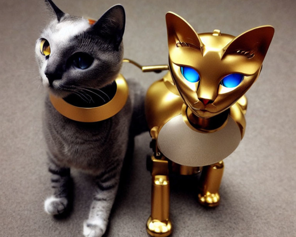 Gray Cat with Striking Eyes Next to Gold Robotic Cat with Blue Eyes