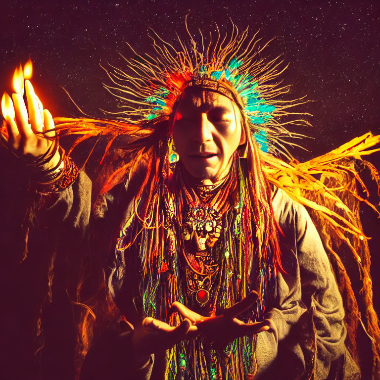 Person in tribal attire with headdress holding a flame in mystical setting