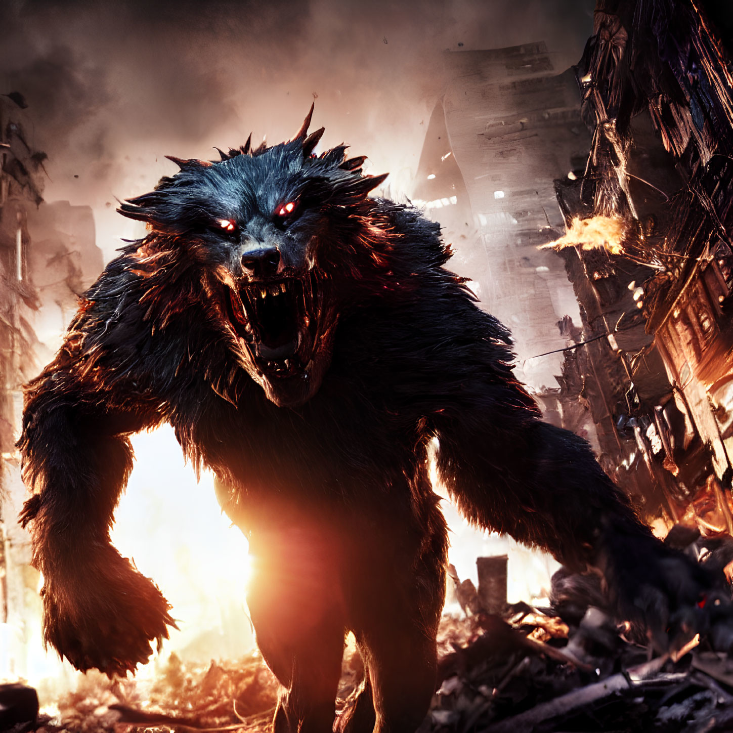 Glowing red-eyed werewolf in ruined cityscape at night