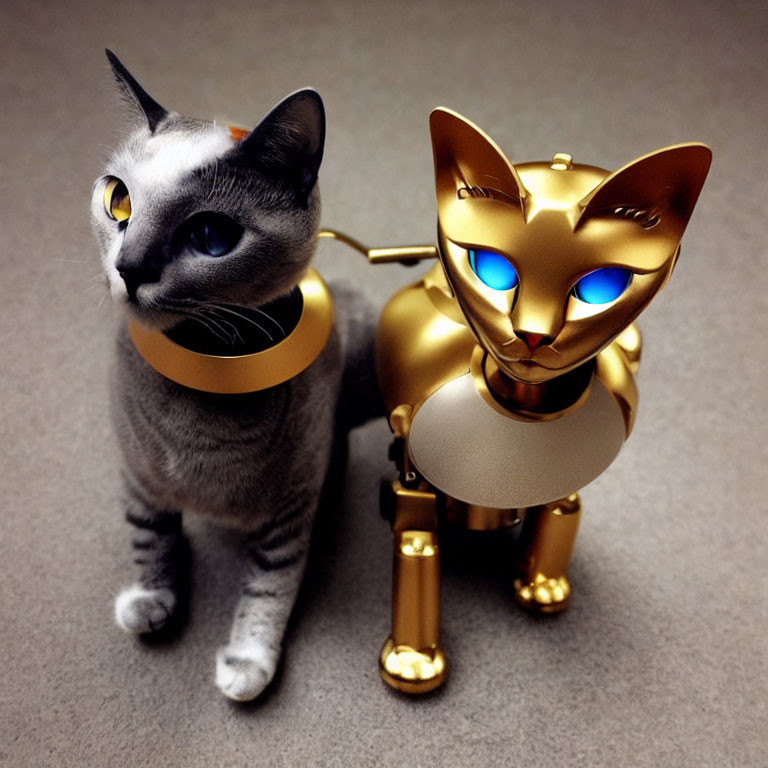 Gray Cat with Striking Eyes Next to Gold Robotic Cat with Blue Eyes