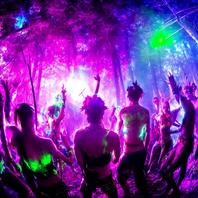 Colorful Forest Rave with Neon Lights and Dancing Crowd