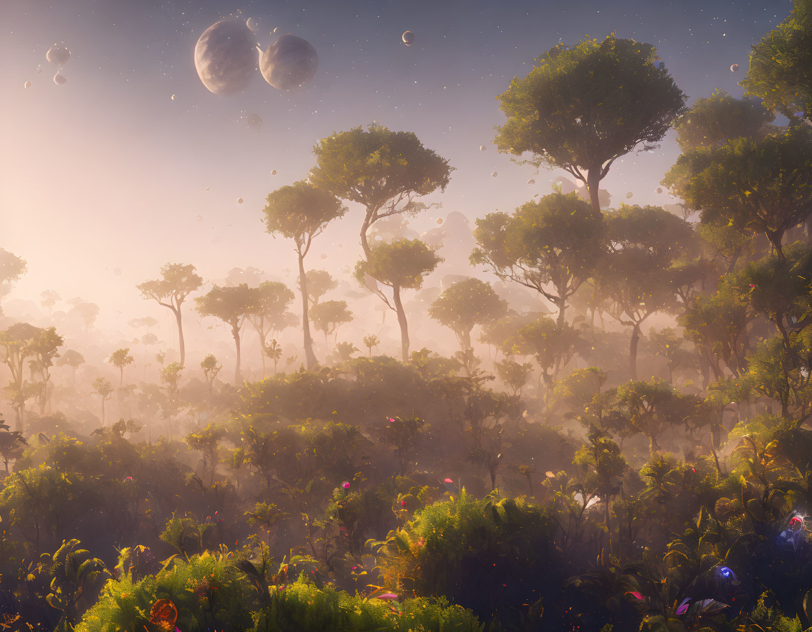 Ethereal forest with two moons, glowing flora, and floating orbs