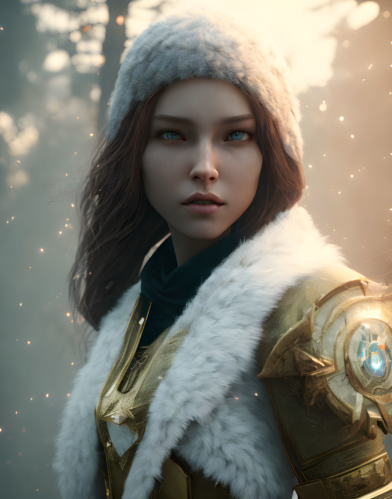 Blue-eyed woman in fur hat and gold-trimmed armor in misty forest