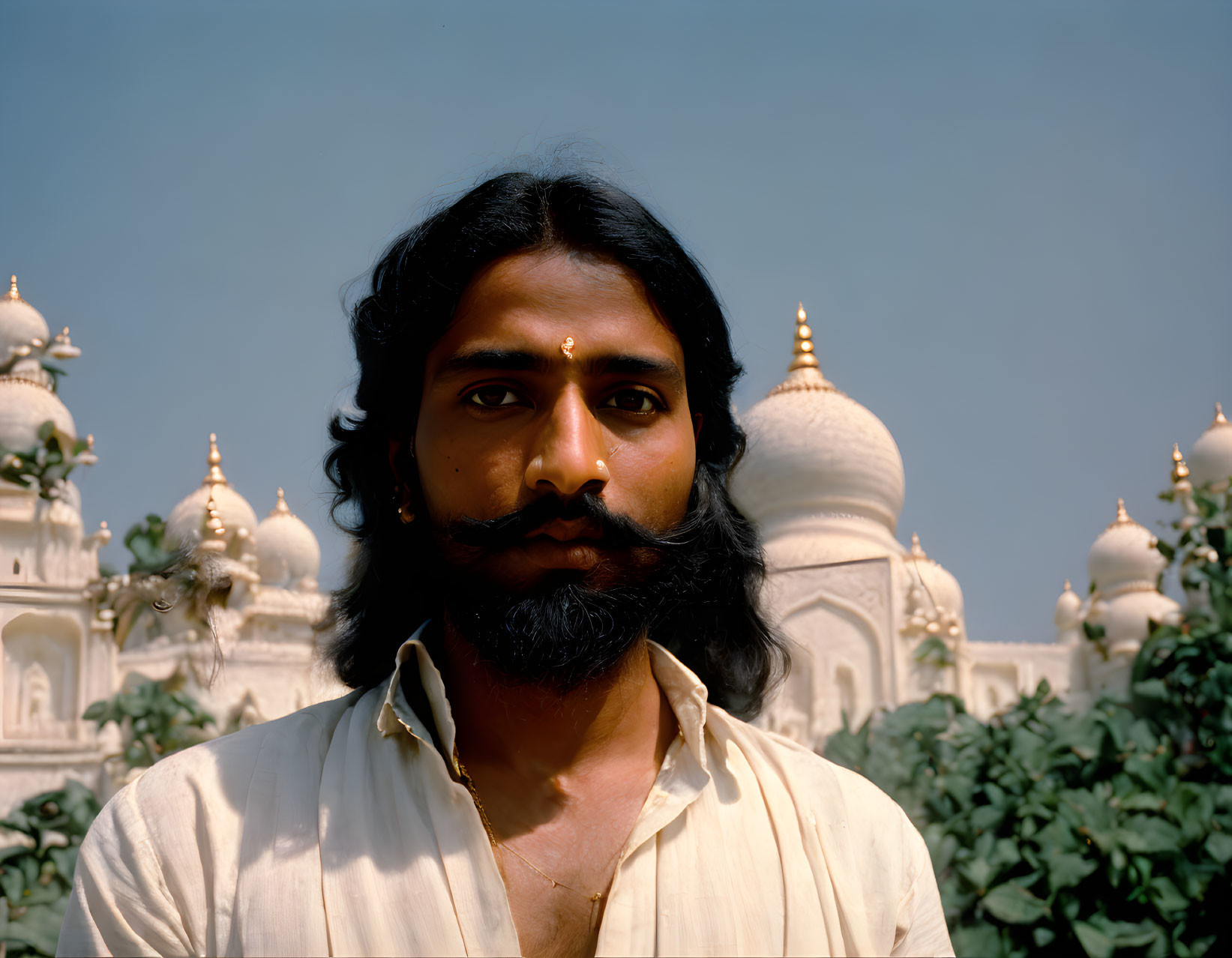 Man with thick mustache and bindi in front of white domed structures