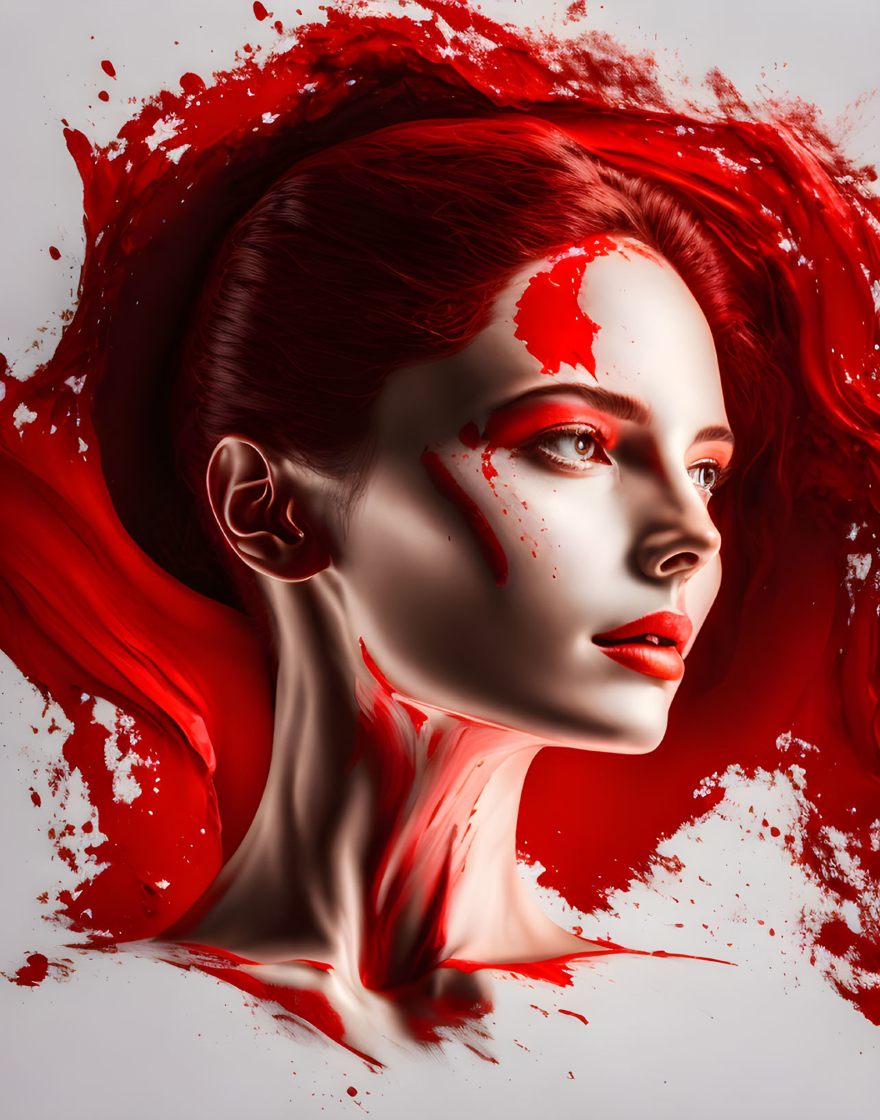 Vibrant portrait of a woman with red hair and paint splashes