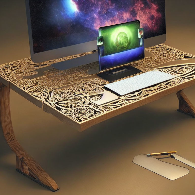 Wooden Desk with Intricate Carvings, Computer, Dual Monitors, Keyboard, Mousepad