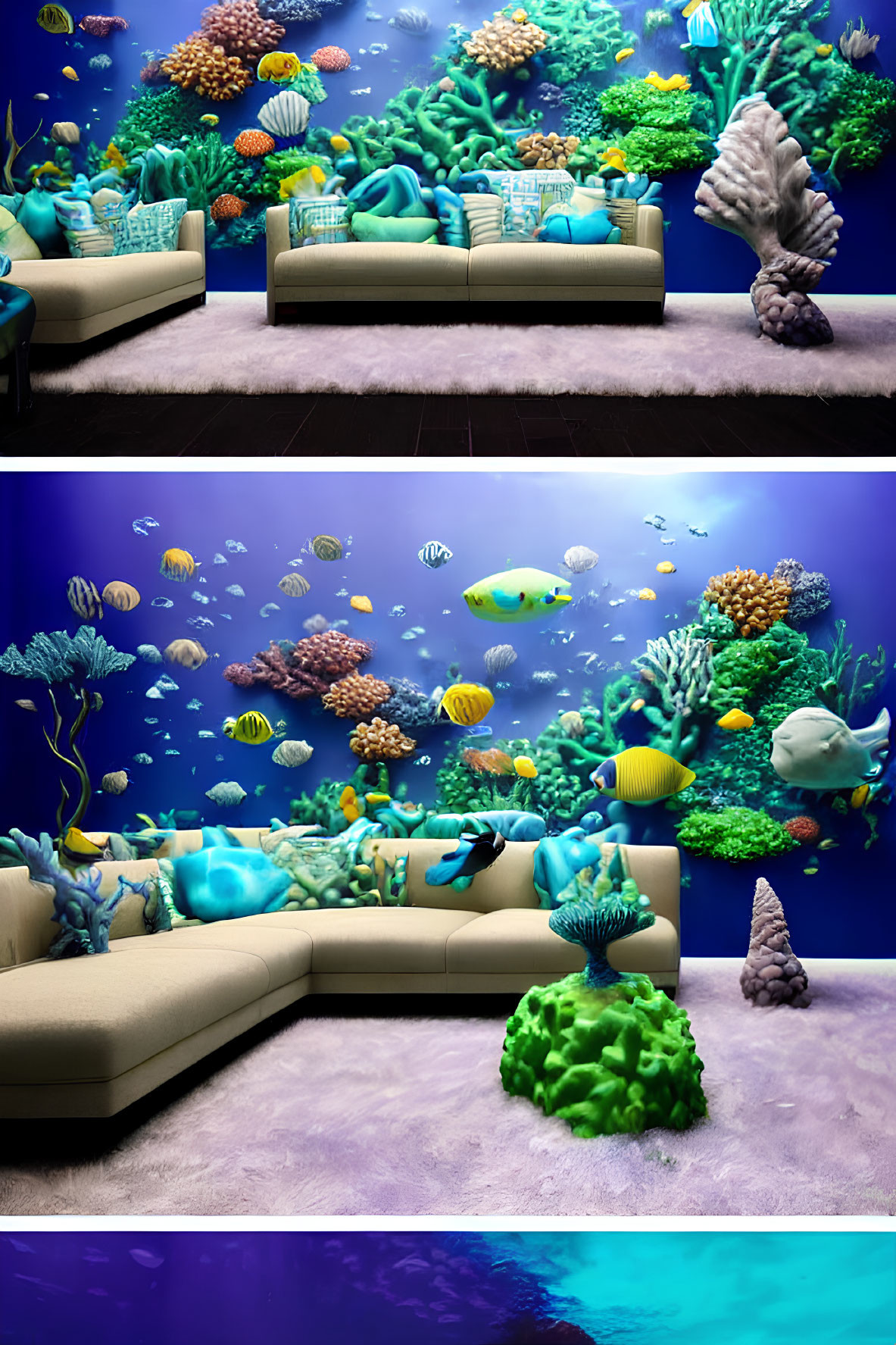 Beige sofas in vibrant underwater-themed room