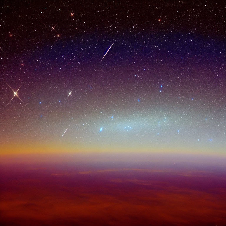 Meteor shower streaking over twilight sky gradient from orange to deep blue