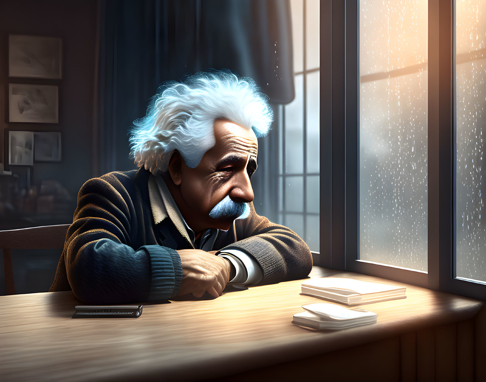 Elderly man with white hair and mustache gazes out window in contemplation.