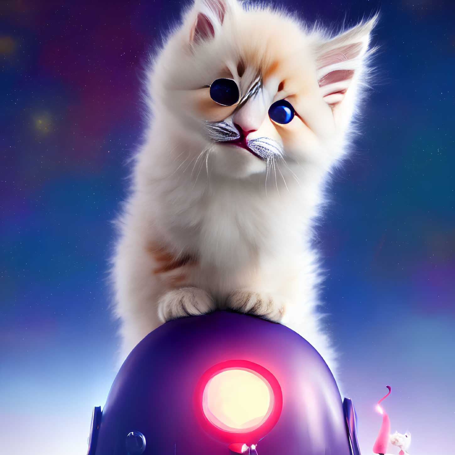 Fluffy kitten on futuristic helmet with striking eyes in starry setting