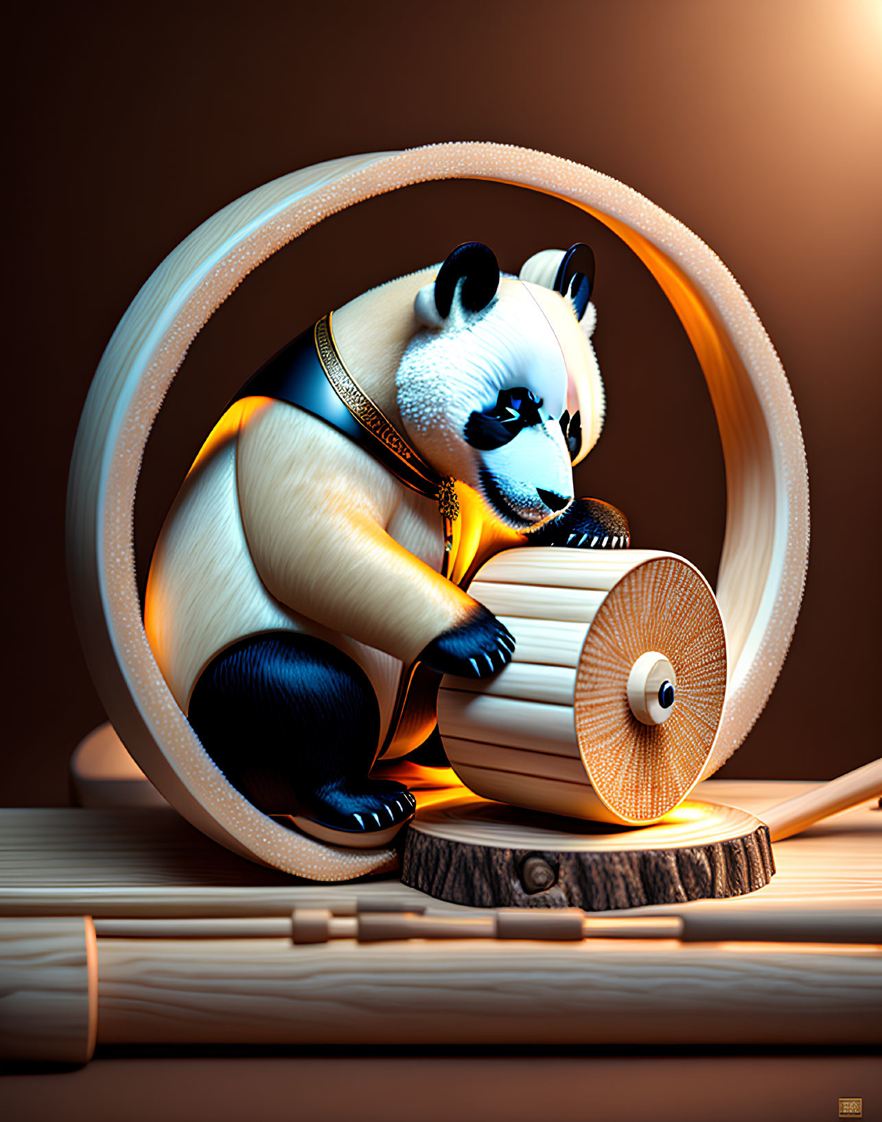 Stylized 3D Panda Playing Chinese String Instrument in Glowing Light