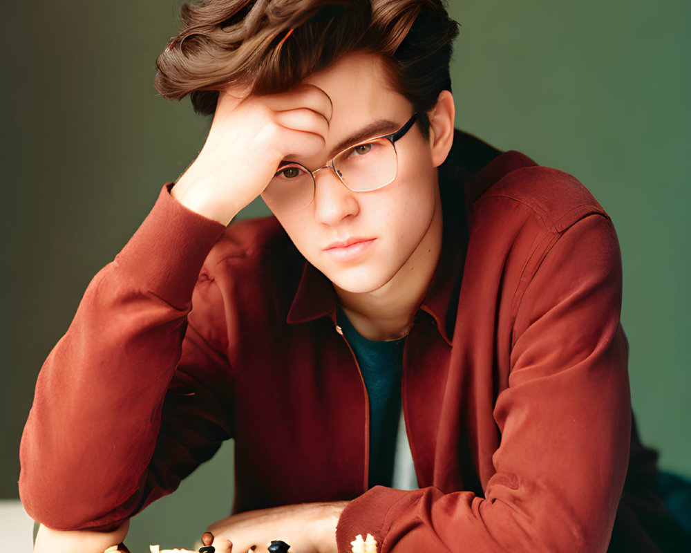 Man in glasses contemplating chess game on gradient background.