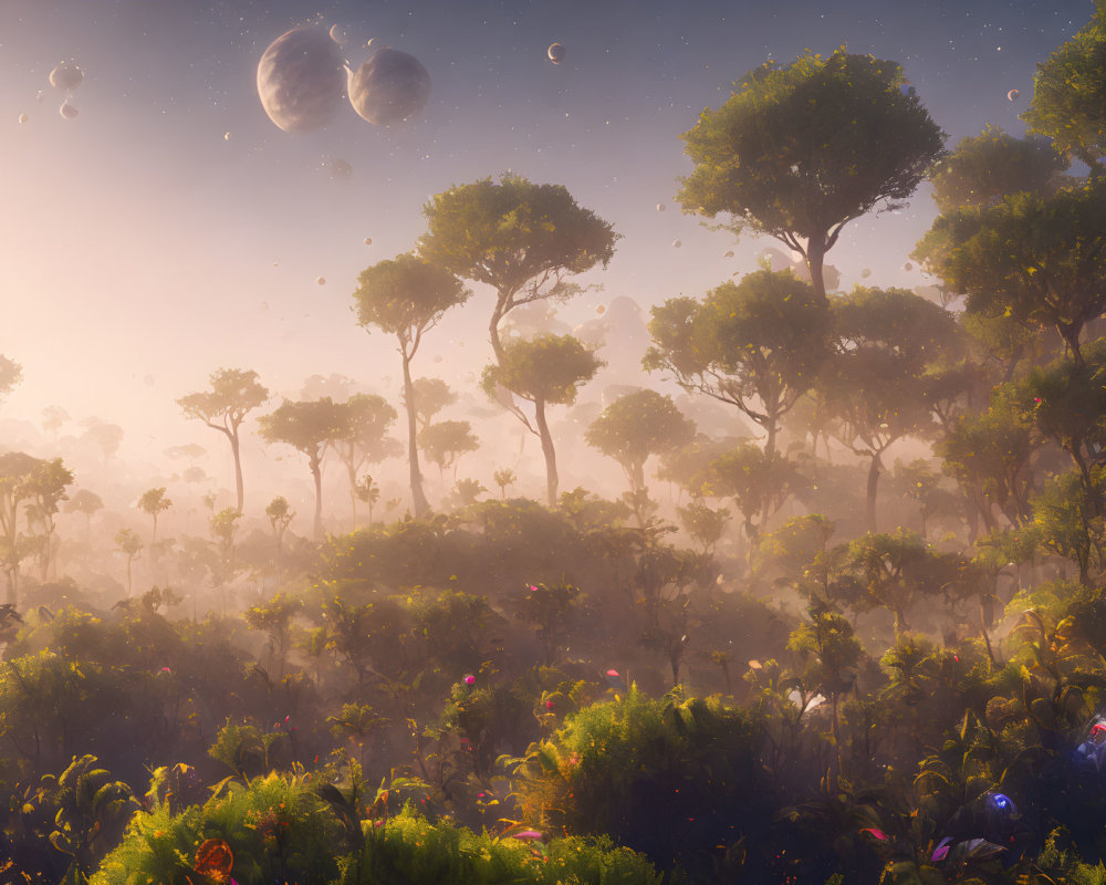 Ethereal forest with two moons, glowing flora, and floating orbs