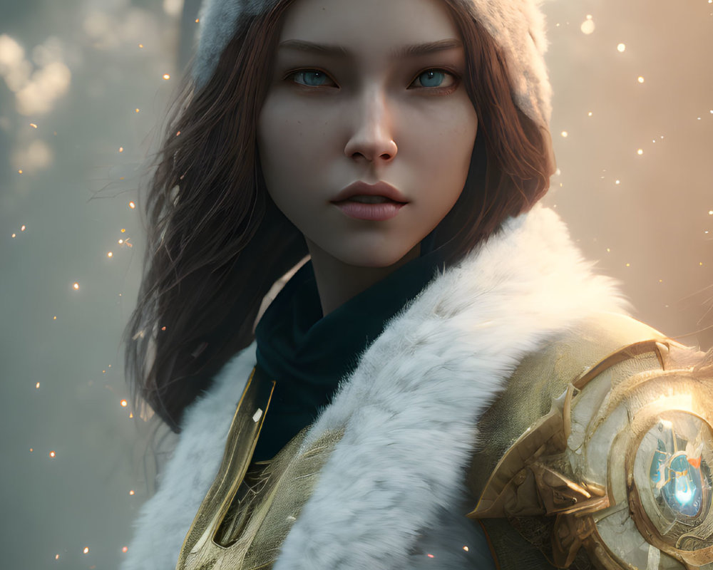 Blue-eyed woman in fur hat and gold-trimmed armor in misty forest