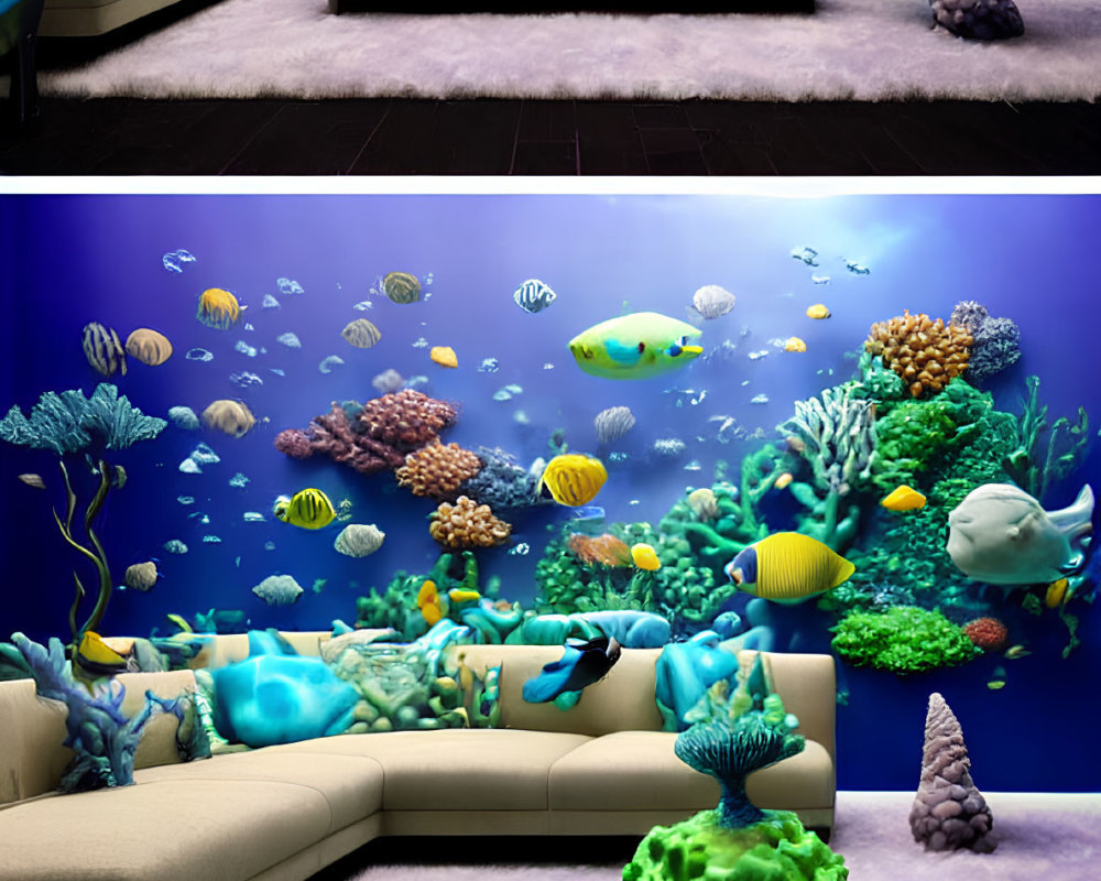 Beige sofas in vibrant underwater-themed room