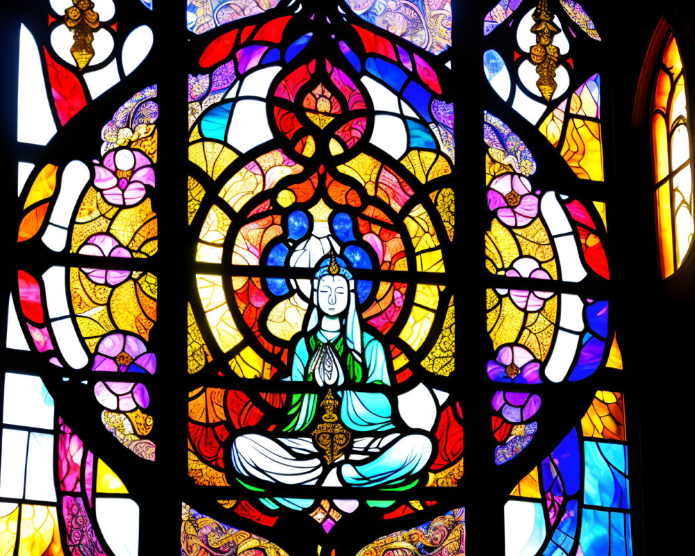 Vibrant stained glass window featuring serene deity and intricate patterns