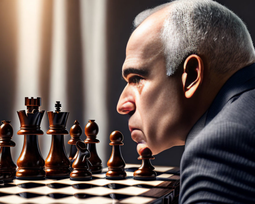 Man Reflects Strategic Thinking with Chessboard Symbolism