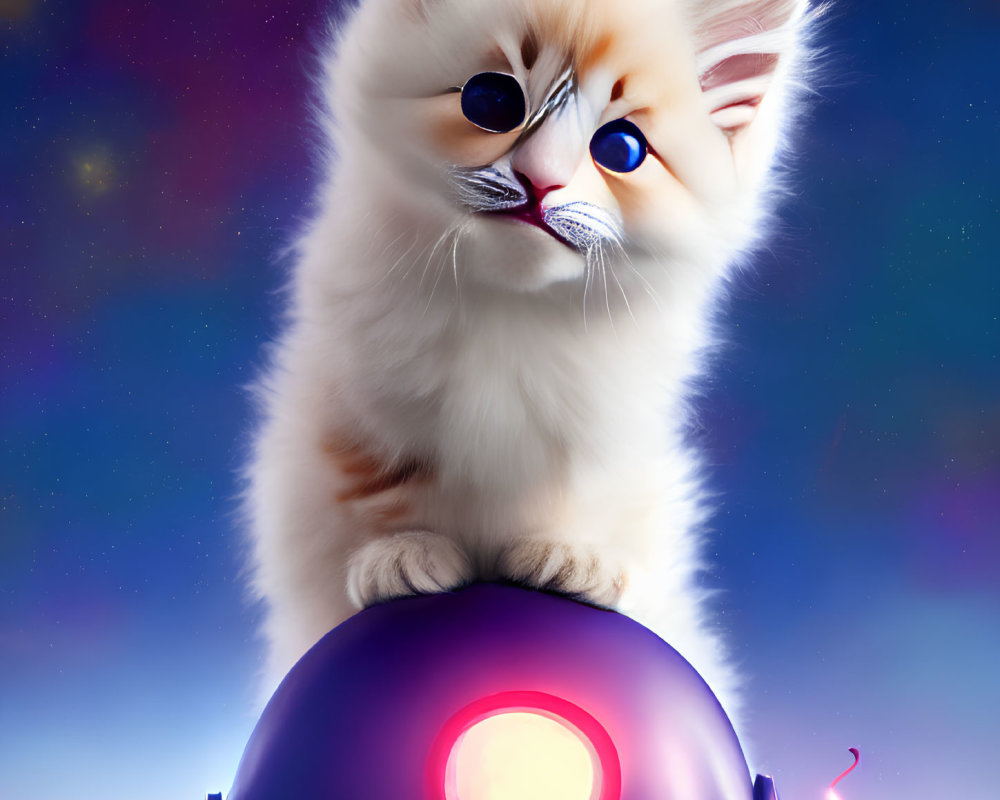 Fluffy kitten on futuristic helmet with striking eyes in starry setting