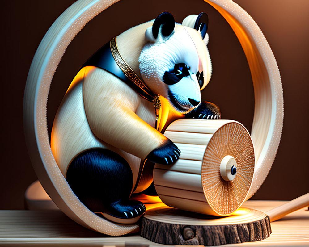 Stylized 3D Panda Playing Chinese String Instrument in Glowing Light