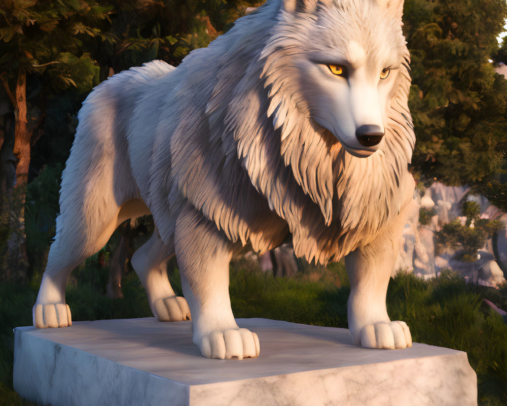 Realistic 3D Rendering of Large White Wolf on Marble Pedestal