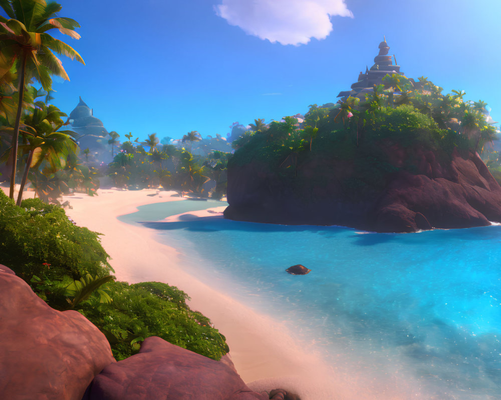 Tropical beach with crystal-clear water, palm trees, rocky landscape, and hilltop temple