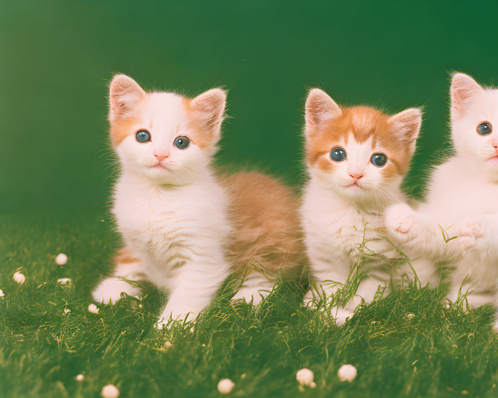 Three White and Orange Kittens on Grass with Dark Green Background