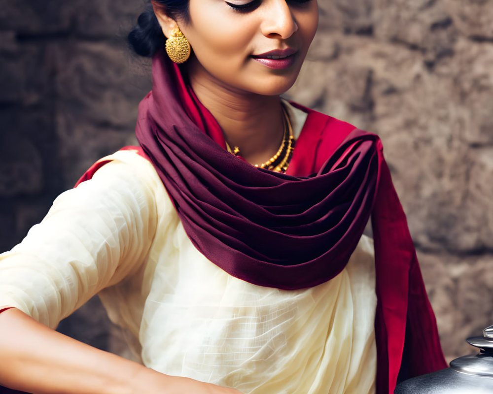 Traditional Indian woman cooking with red headband and gold jewelry