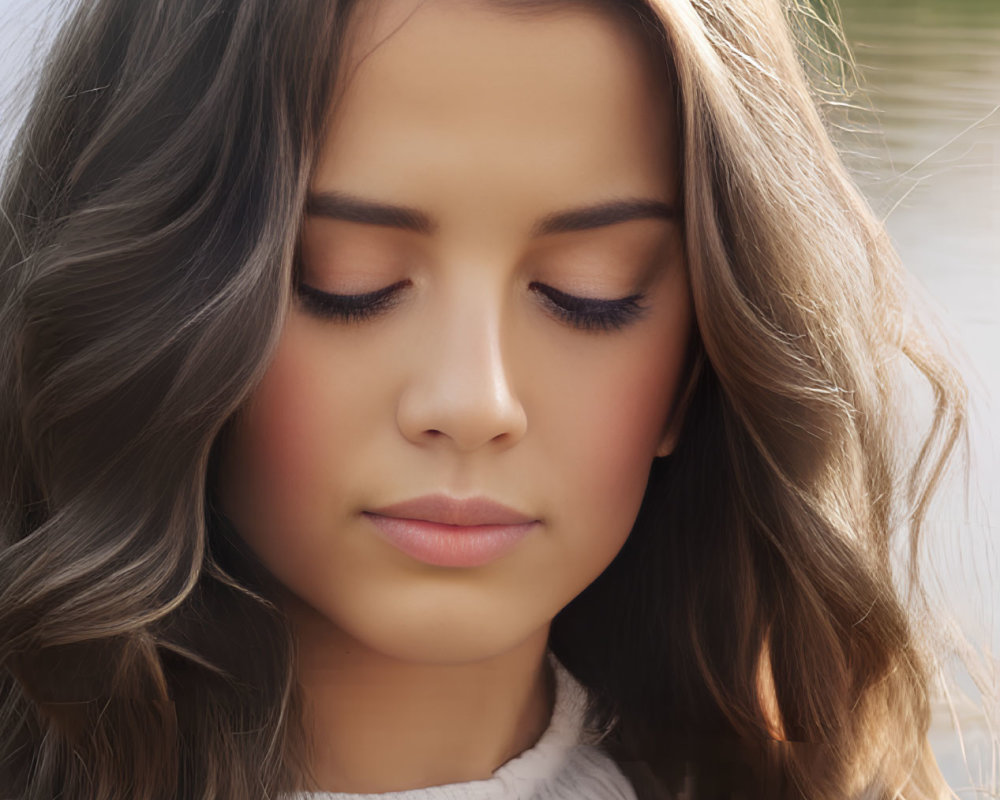 Young woman with wavy brown hair and closed eyes in serene outdoor portrait.