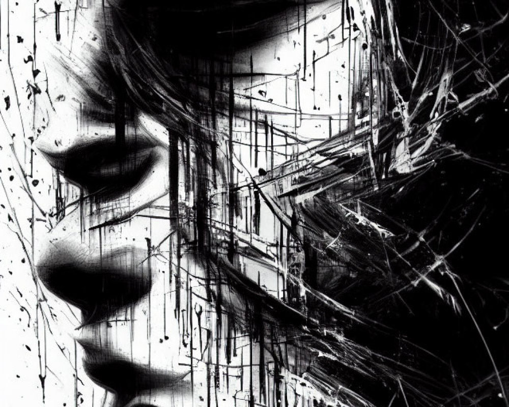 Monochrome artistic representation of a serene woman's face with abstract lines.