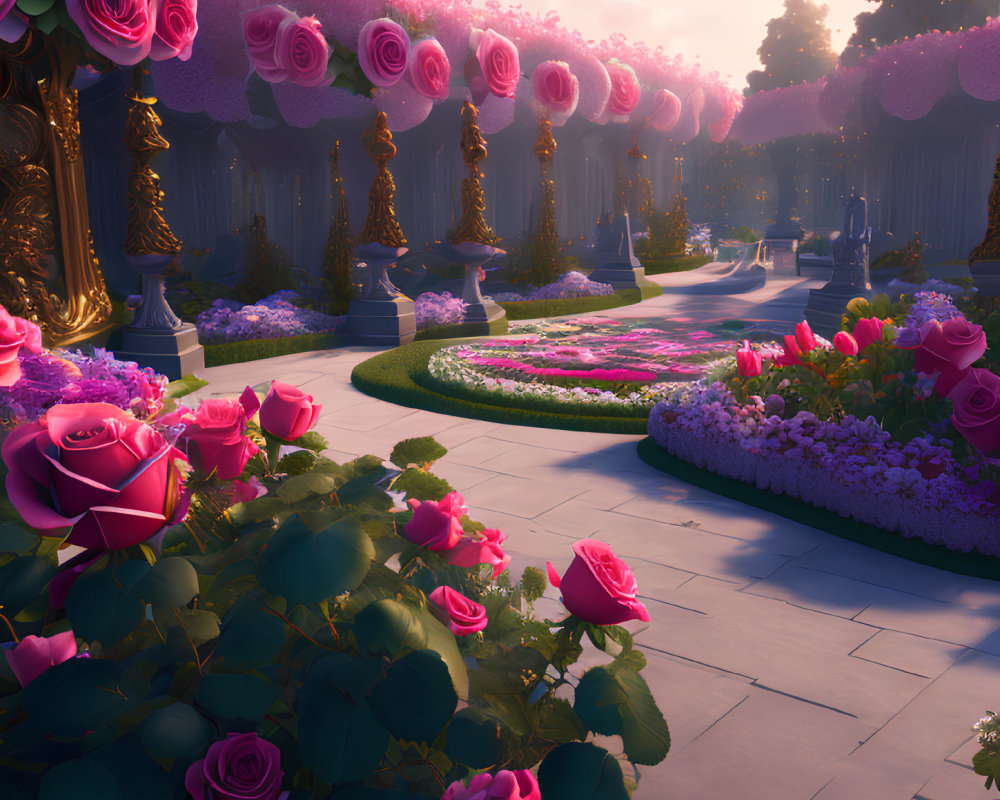 Fantastical garden with oversized pink roses and golden accents