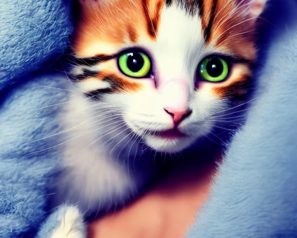 Digitally altered cat image: large green eyes, multicolored fur, pink nose, soft blue