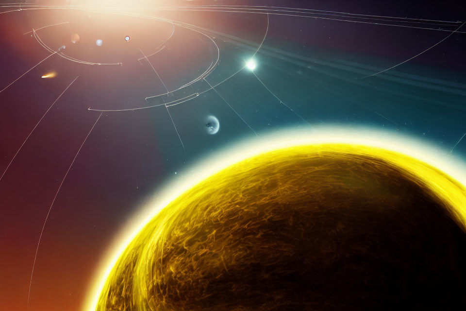 Detailed digital illustration of solar system with Sun, planets, and burst of light