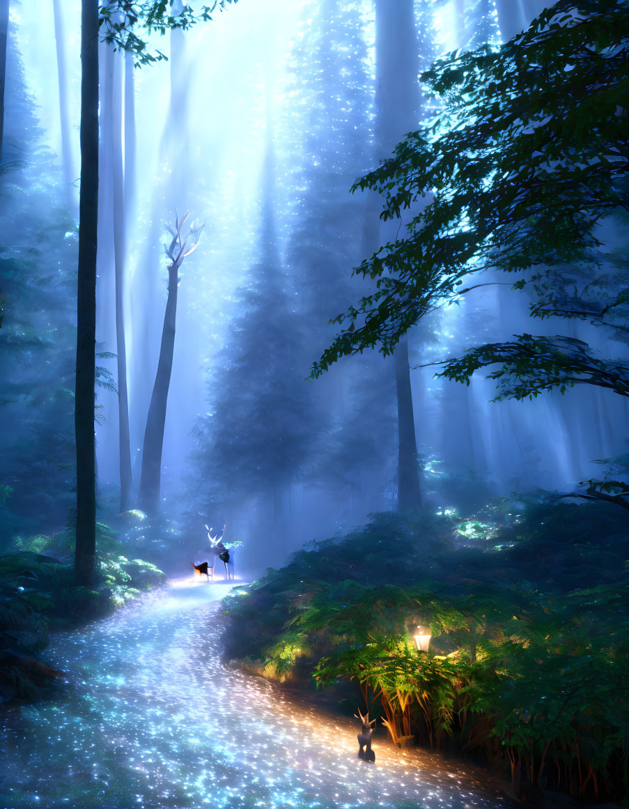 Ethereal forest scene with bioluminescent plants, deer, and rabbit under blue light rays