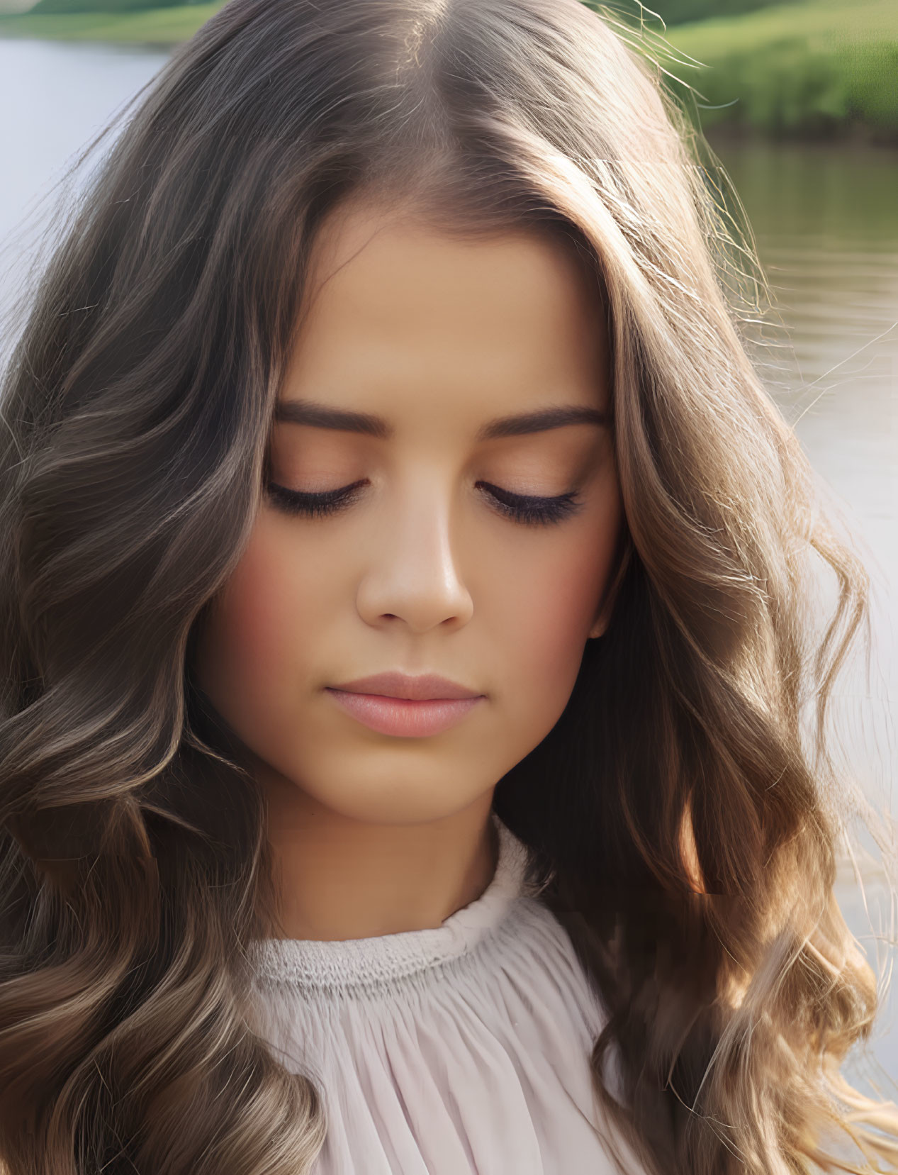 Young woman with wavy brown hair and closed eyes in serene outdoor portrait.