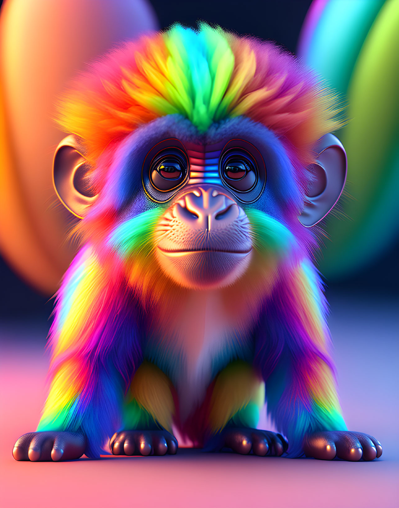 Vibrant digital illustration: monkey with rainbow fur and balloons