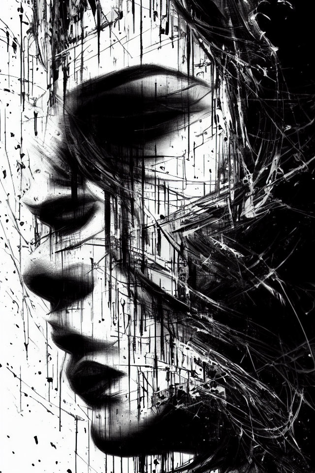 Monochrome artistic representation of a serene woman's face with abstract lines.