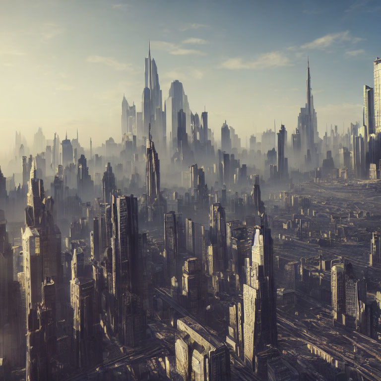 Futuristic cityscape with towering skyscrapers in hazy sunlight