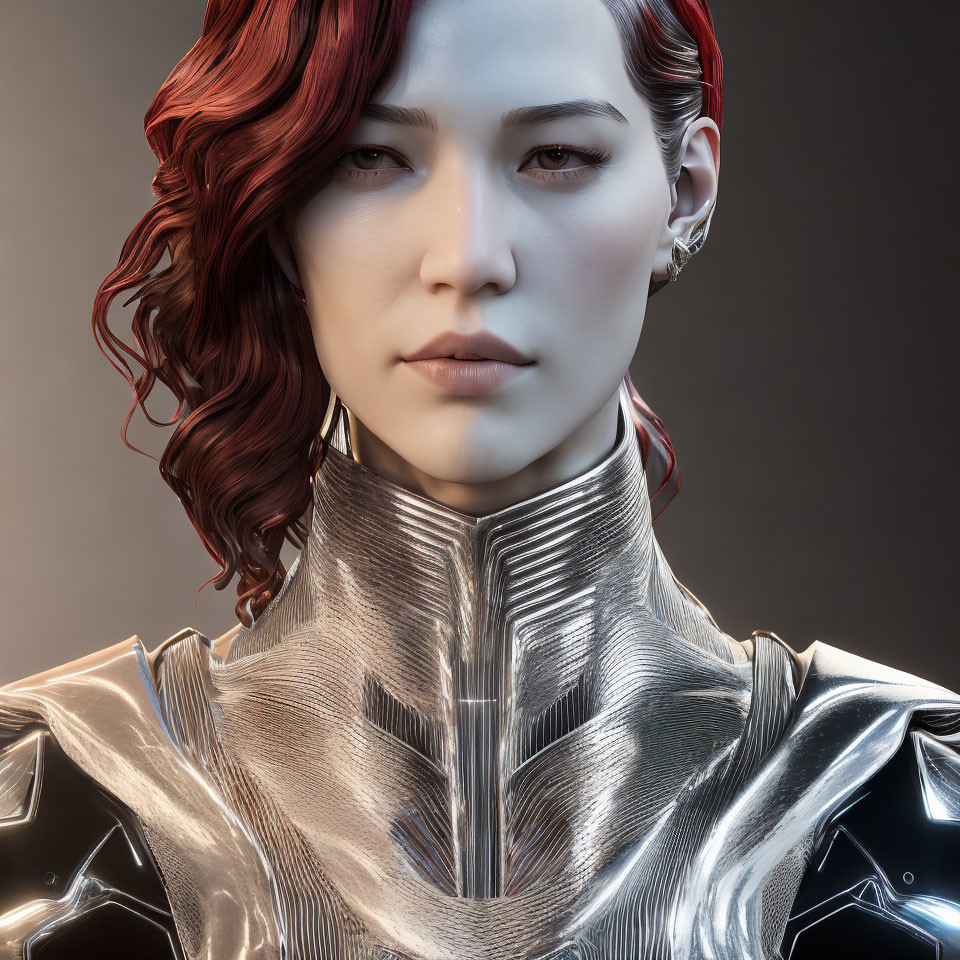 Digital artwork of woman with red curly hair in futuristic silver armor