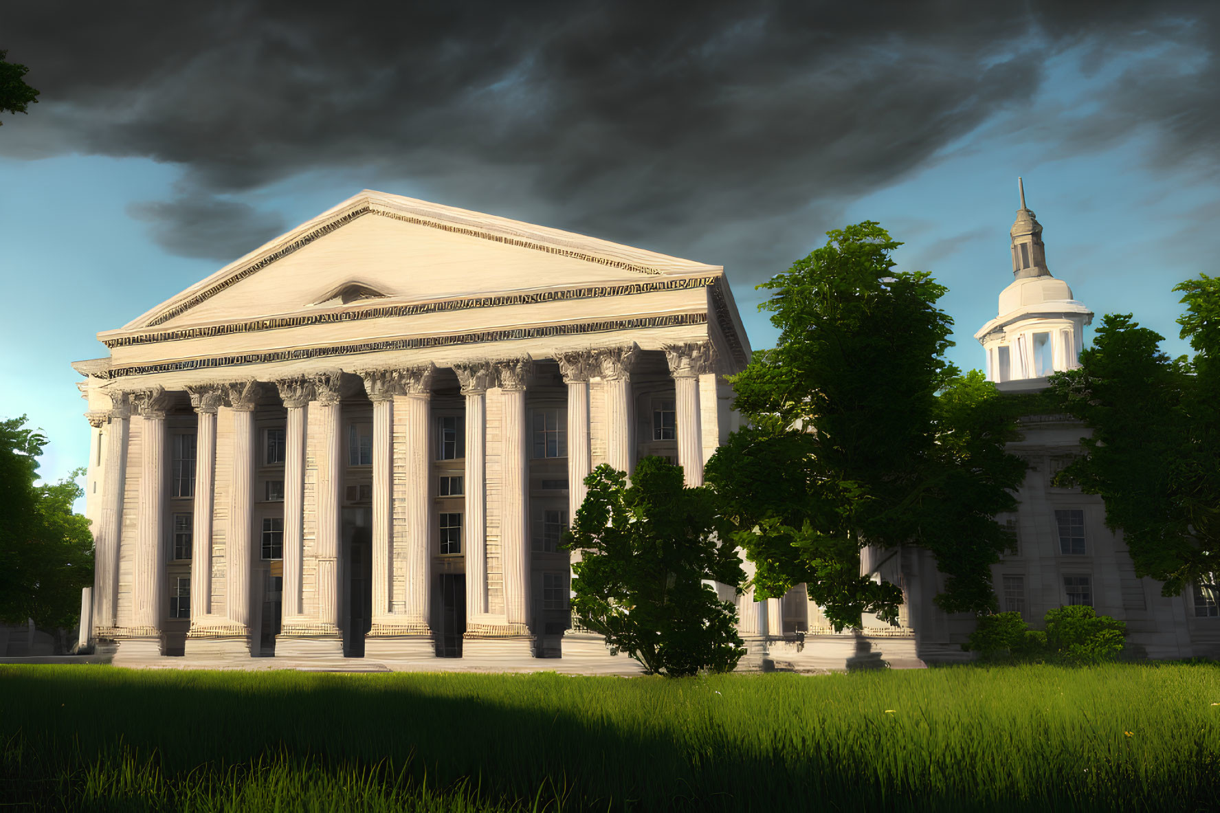 Neoclassical building with tall columns and spire under stormy sky