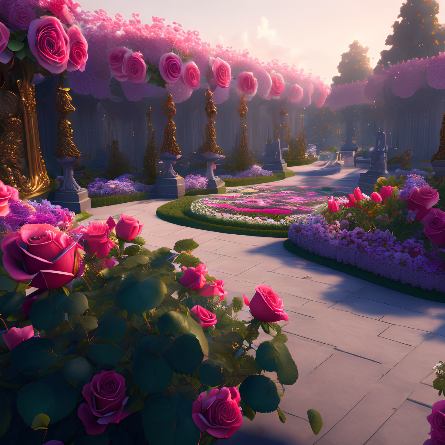 Fantastical garden with oversized pink roses and golden accents