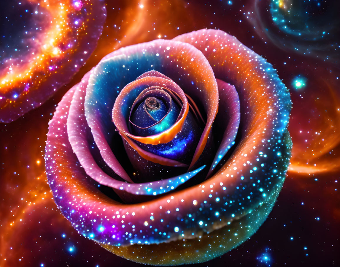 Cosmic-themed digital artwork: Rose galaxy in pink, blue, and orange