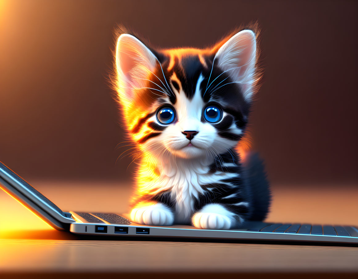 Tabby kitten with blue eyes by open laptop on warm background