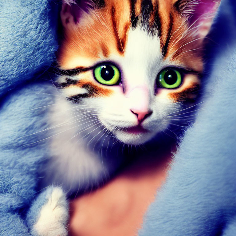 Digitally altered cat image: large green eyes, multicolored fur, pink nose, soft blue