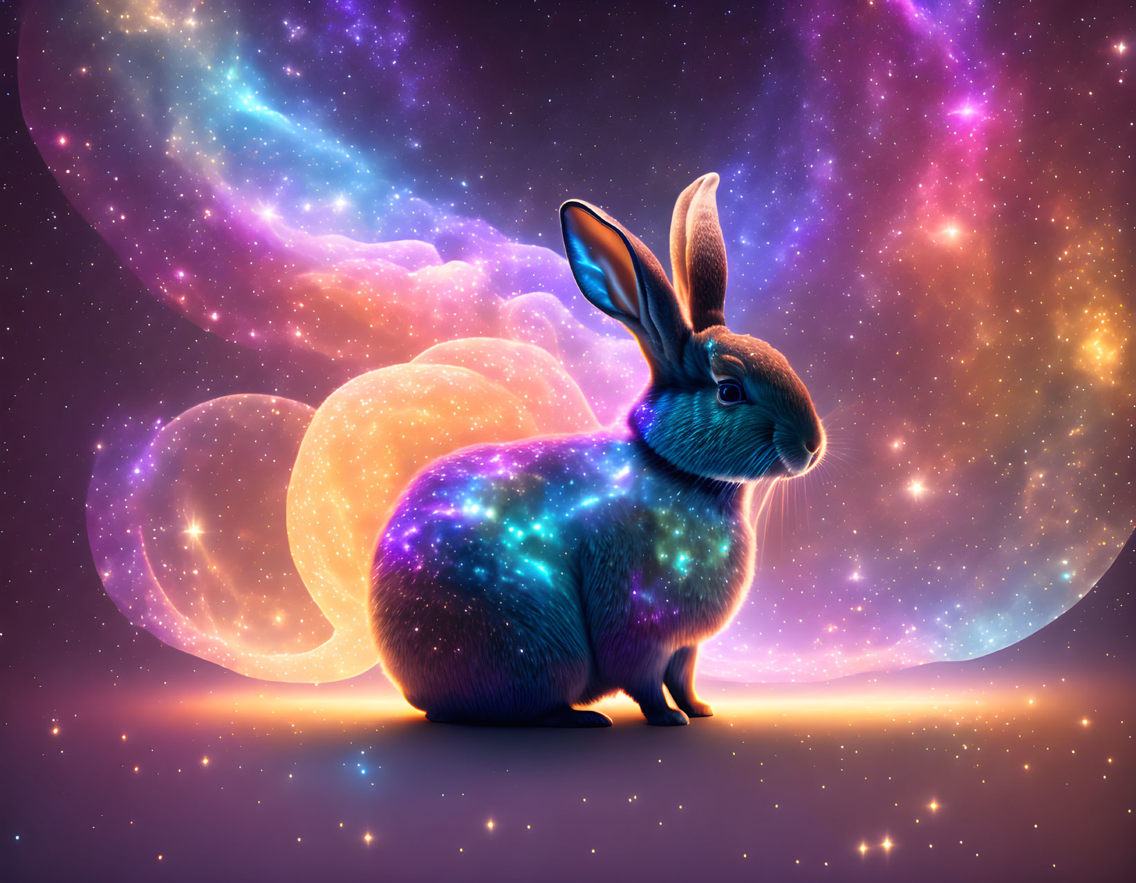 Cosmic rabbit digital artwork in vibrant space setting