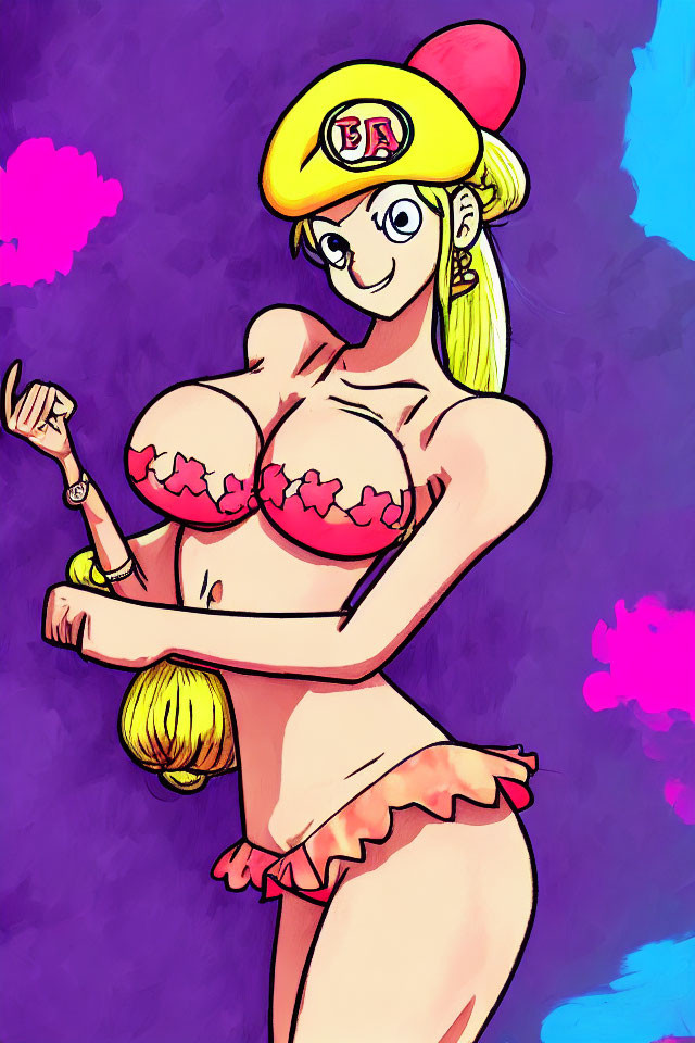 Blonde Animated Female Character in Pink Bikini on Purple Background