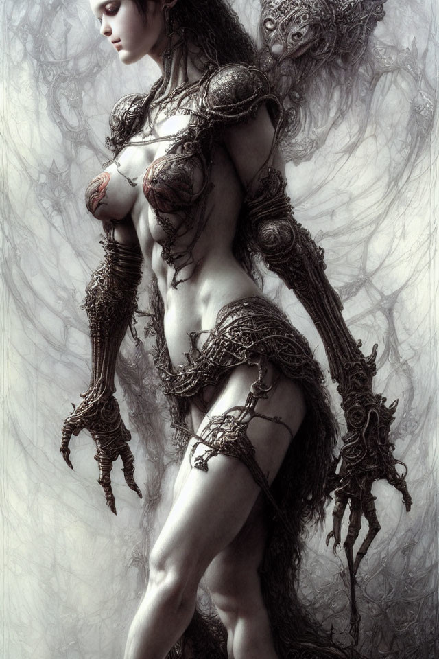 Fantasy artwork featuring female figure in intricate armor.