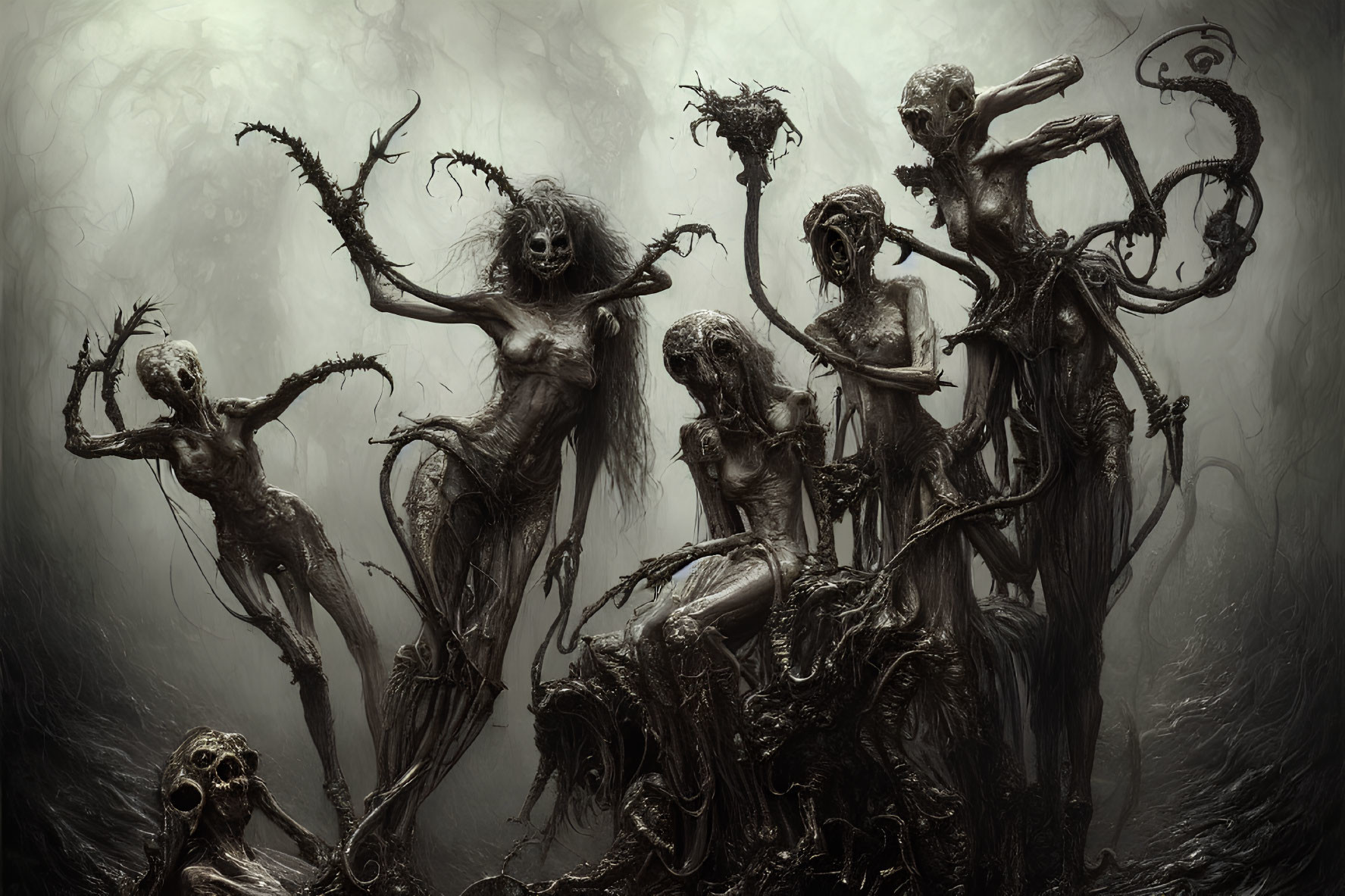 Dark, eerie artwork of skeletal figures in misty backdrop